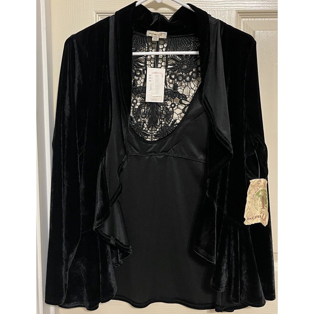 NWT One World Black Velvet Lace Back Open Front Cardigan Ruffle Jacket PXL XL